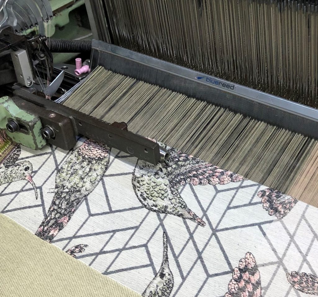 David Walters : Bird design : Jacquard fabric highlighting an illustrative drawing stye (36% Viscose / 32% Cotton / 20% Polyester / 12% Flax) for use as upholstery.