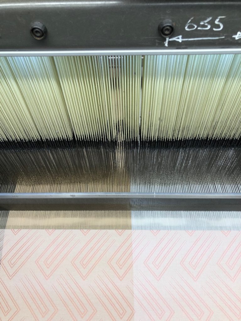 David Walters : Geo design : Perspective Geo in a wool blend (43% Wool 40% Cotton 17% Viscose), is currently weaving for showroom lengths and will be launched in October.