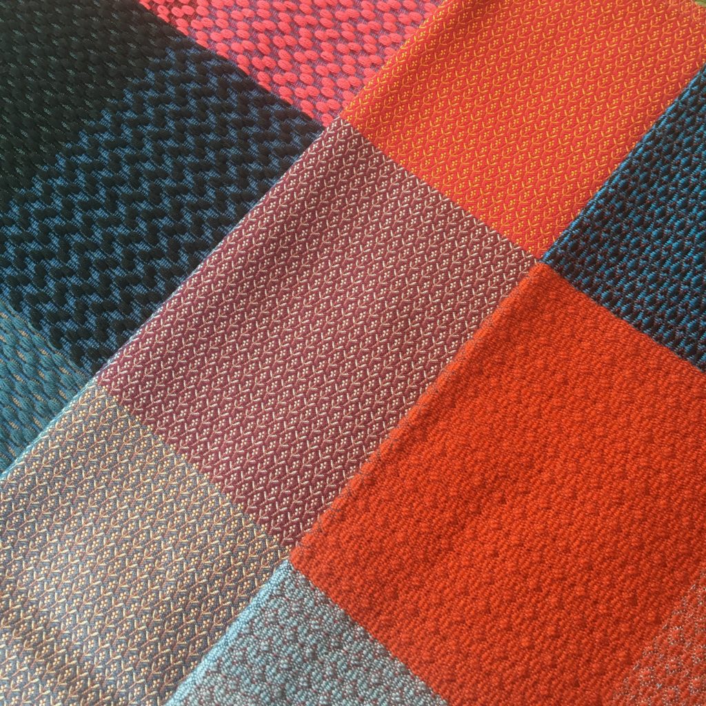 Stephen Walters : Semi solid jacquard colour blankets. Left: 70% Cotton, 30% Silk. Middle: 100% Silk. Right: 73% Wool, 27% Silk