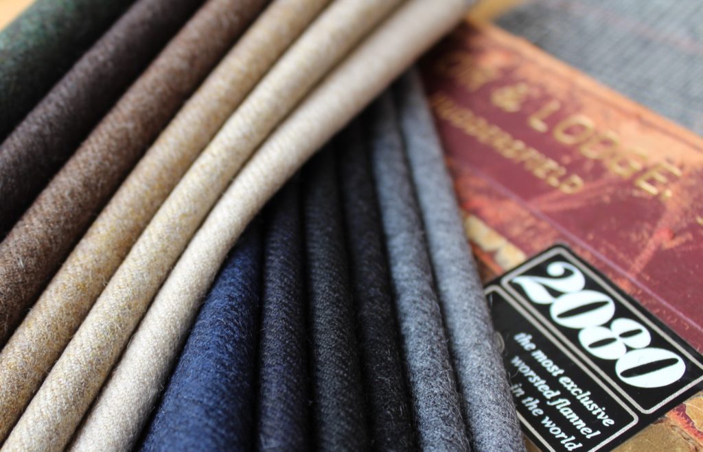 . Taylor and Lodge : '2080' 100% wool worsted flannel (420gms) from the Arthur Harrison brand at Taylor & Lodge. The image shows their new stock supported plains.