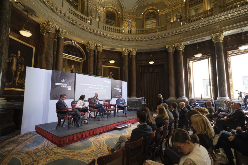 Professor Steve Russell from the University of Leeds, AW Hainsworth managing director Amanda McLaren and Professor Parik Goswami from the University of Huddersfield at the Sustainability in UK Textiles conference on 12 May 2022