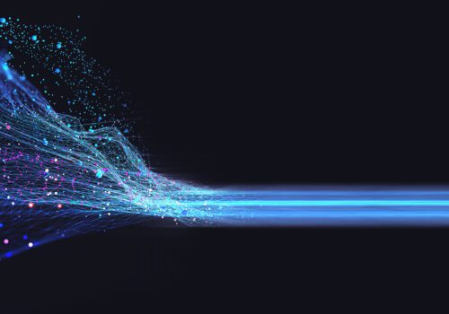 Neural network 3D illustration. Big data and cybersecurity. Data stream. Global database and artificial intelligence. Bright, colorful background with bokeh effect Adobe